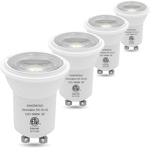 KAKEMONO Dimmable MR11 GU10 Base LED Bulb 35mm Mini Small Spotlight 120V 3W Track Light, 20watt 35W Halogen Equivalent, Daylight White 5000K, Pack of 4