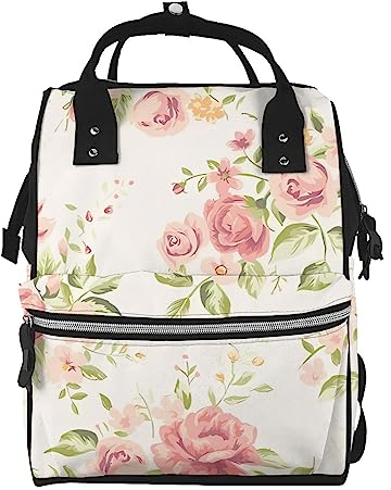 OrcoW Rosa Blumen Drucken Wickeltasche Mumie Rucksack Große Kapazität Multifunktions Wasserdichte Windel Tasche Für Mama Und Papa, Schwarz , One size