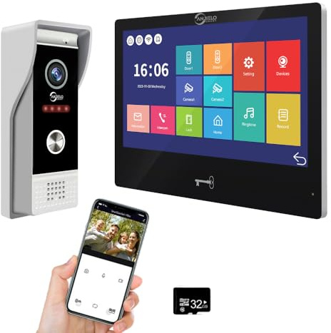1080P Video Türsprechanlage Wohnung Türklingel Gegensprechanlage 10 Zoll kabelgebundener Touchscreen Unterstützung für Entriegelung Bewegungserkennung Wireless Tuya für Home Villa, 32G