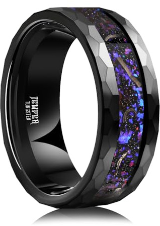 JEWPER 8mm Men Womens Wedding Band Tungsten Rings Black Blue Hammer pattern Fashion Promise Carbide Inlaid Milky Way Foil Iron Filings Matte Finish Edge Comfort Fit Size(10)