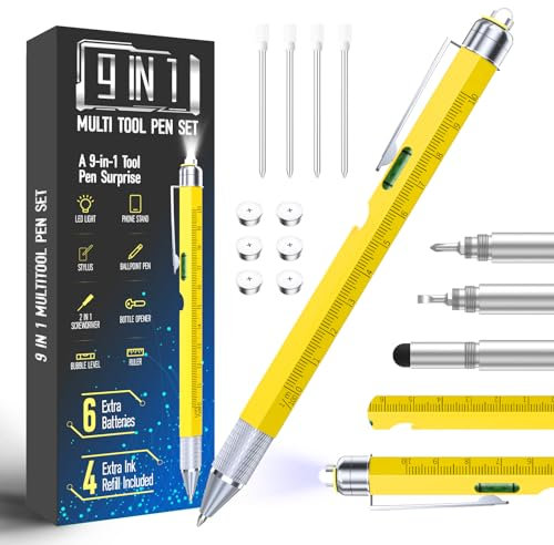 Pen Gifts for Men Women, Huhoo Cool Gadgets Tools Multi Tech Pen for Men, Personalized Gifts for Dad or Him, Funny Gift for Christmas, Father's Day, Valentines or Birthdays (Yellow-9in1)