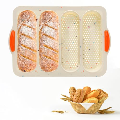French Bread Hoagie Sub Roll Baking Pans 4-slot, Non Stick Silicone Mould Mold Tray for Sandwich Baguette Hot Dog Bun Loaf Food, Mini Tool Set for Restaurant Homemade Household Breakfast Dinner-Beige