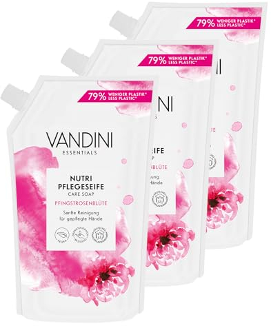 VANDINI 3x Nutri Seife Nachfüllbeutel mit Pfingstrosenblüte Duft 500ml - Made in Germany Flüssigseife Nachfüllbeutel vegan - Handseife Nachfüllbeutel reinigt sanft - Liquid hand soap refill