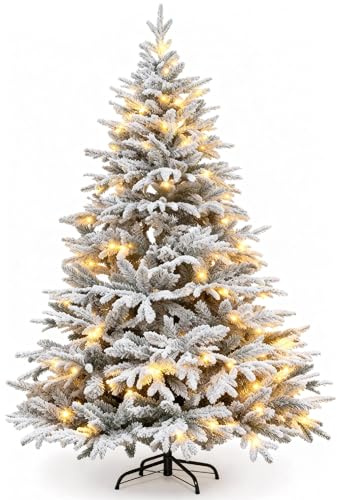 5ft Pre-Lit Snow Flocked Christmas Tree with LED Lights 550 Branch PE+PVC Mixed Tips Xmas Trees Bushy Artificial Lapland Fir Christmas Tree Fake Pine Tree with Metal Stand Easy to Assemble 150cm