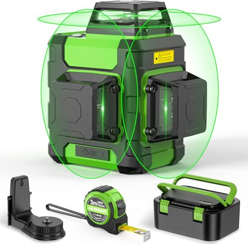 Huepar 3 x nivel láser 360, instrumento de nivelación láser autonivelante, alineación de línea cruzada 3D e instrumento de nivel de burbuja, con batería de iones de litio, estuche rígido y cinta