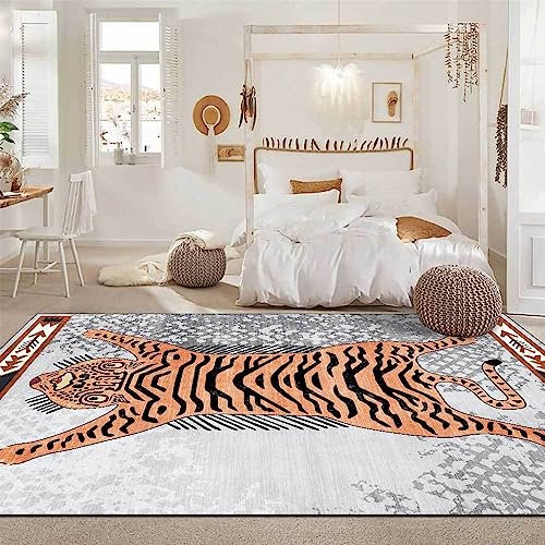Neuer waschbarer Wohnzimmerteppich, rutschfeste Akzentteppiche, Schlafzimmer-Esszimmer-Flurteppich, weicher Kurzflorteppich, Ethno-Stil, Tiger, Gelb, Braun, Grau, 120 x 170 cm Learned extensively