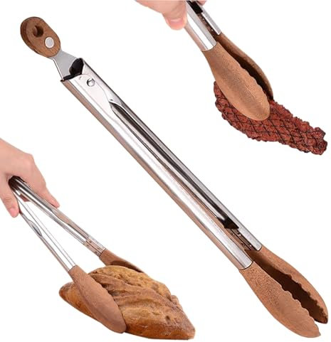 Kitchen Tongs for Cooking, 9 & 12inch Peach Wood Kitchen Salad Food Tongs, Mini Serving Tongs with Smart Lock Clip, Metal Tongs for Cooking, BBQ, Serving, Frying, Salad, Ice (Small)
