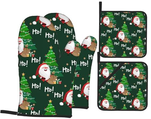 Ofenhandschuhe und Topflappen-Set, Weihnachtsbaum, Weihnachtsmann, hitzebeständig, Küchen-Backhandschuhe, rutschfeste Oberfläche zum Kochen, Backen, Grillen, Grillen