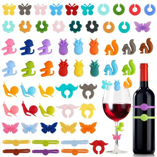 Haocjanc Marque Verre, 58 Pièces Réutilisables Marqueur Verre, Colorés Marqueurs de Verre à Vin en Silicone, Marqueurs de Verre pour Verres à Vin, Flûtes à Champagne, Verres à Boisson