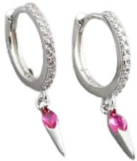 Women 925 Sterling Silver Spikes Marquise CZ Huggie Hoop Drop Earrings F1114-I - Silver with Fuchsia Stone