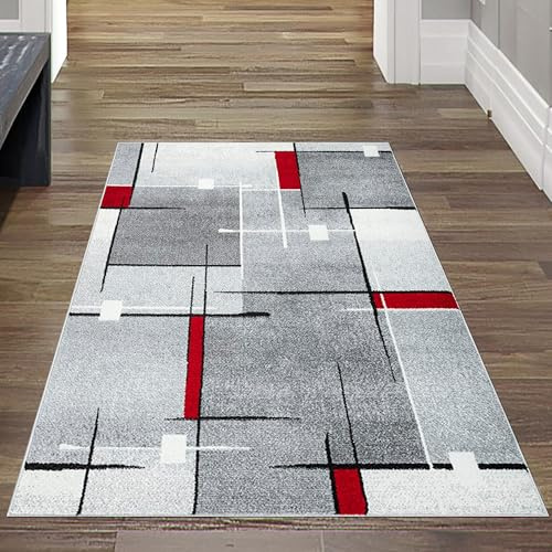 Teppich-Traum Kurzflor Teppich Strichmuster Geometrisch Grau Rot 80x140 cm | Weich, pflegeleicht, strapazierfähig, allergikerfreundlich und OEKO-TEX geprüft, für Wohnzimmer, Schlafzimmer & Büro