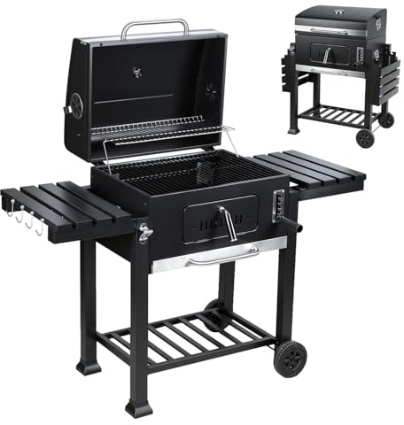 Jaxguom Holzkohlegrill BBQ XXL Smoker mit Deckel, höhenverstellbarer Kohleschale, Grillwagen, Räucherofen, Edelstahl-Griff, Thermometer, verstellbaren Lüftungsöffnungen