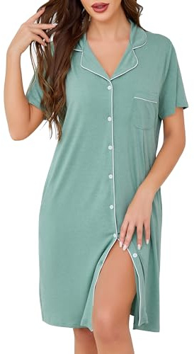 Lovasy Nattlinne Bomull Dam Sommar Kortärmad Amning Nattklänning med V-ringning Pyjamas Morgonrock Knappar Framtill med Fickor, A-grön, L