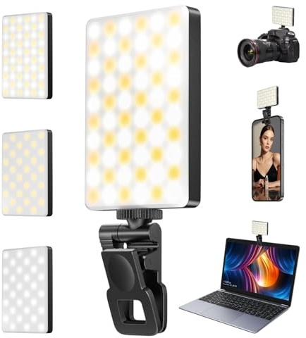 GlasFlength luz para movil, 60 LED Luz Selfie Foco portatil 3 Modos de lu z 3000mAh Recargable Foco led movil con Clip Orificio Tornillo de 1/4 para Teléfono Móvil Computadora Portátil Cámara