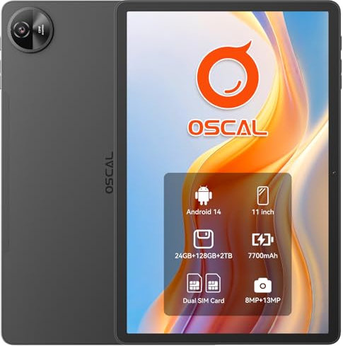 OSCAL Android Tablets 11 Inch, 24GB RAM+128GB /2TB ROM, 4G LTE+5G Wifi Tablet with Sim Card Slot, 120Hz HD, Android Tablet,Octa-Core, 7700mAh, 13MP+8MP, Widevine L1, Netflix,PC Mode 2.0, GPS