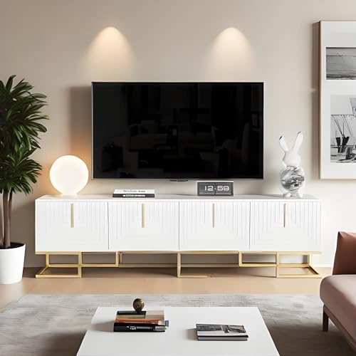 LANTRO JS TV Schrank mit Goldene Griffe und Füße, Fernseher Kommode, TV Lowboard mit Strukturierter Tür, Fernsehschrank mit Schubladen, 170x40x45.5cm, Weißer