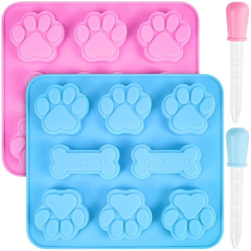FLEXNOVA 2 Stück Backmatte für Hundekekse - Silikonformen für Pfoten und Knochen, 2 Pipetten, Kinder- und Hunde-Eisform