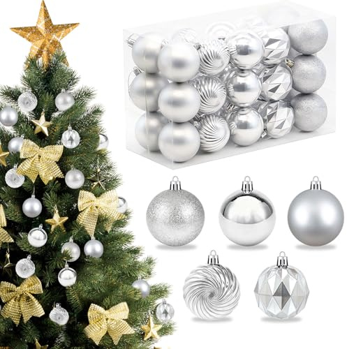 Forbabe 30PCS Weihnachtskugeln, Ø 6 cm Weihnachtsbaumkugeln Kunststoff Glitzernde/Matte/Glänzende Baumkugeln mit Aufhänger Weihnachtsbaum Kugeln Set für Christbaumschmuck Weihnachten Deko - Silber