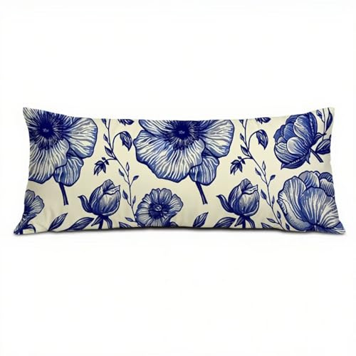 Federe Cuscino Letto 50 x 150 cm, Cuscini per Divano in Lino Cotone Morbida e Traspirante, Blu Copricuscino Letto con Cerniera Invisibile Federe Cuscini per Decorativi Camera da Soggiorno Fiore Q-284