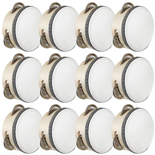 12-teiliges Holz-Tamburin-Set, 10,2 cm, Handschlagzeug mit Polyester und Schaffell-Trommelkopf, ideal für Tanzkurse, Hochzeiten und Feste