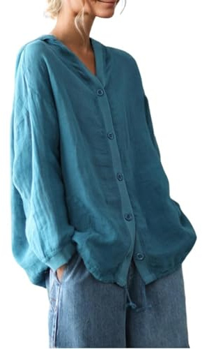 Uwdiohq Pulls À Capuche en Coton Et Lin pour Femme Couleur Unie, Boutonné, Manches Longues, Léger, Ample, avec Poche Cardigan Tricot Gilet Chaud Long Printemps Laine Vert Rose Hiver Cowboy