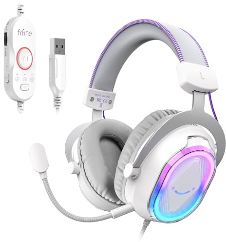 FIFINE H13WP USB RGB Gaming Headset | Game/Chat Balance, 7.1 Surround, Noise Canceling Mic, EQ Button. Wired Headphone for Computer, PC, PS5, PS4. White & Purple.