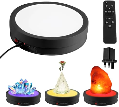 Elektrischer Drehbarer Drehteller 360°, 22 cm motorisierter drehbarer Ständer mit 6-Farbiger LED-Beleuchtung, Geschwindigkeitsregelung, Tragkraft 20 kg für Kuchen, Schmuck, Uhren, Fotografie (Black)