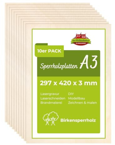 Erzwelt - Sperrholzplatte 3mm – Bastelholz – 10 Stück A3 (297 x 420mm) | Holzplatte aus Birke – Holz zum Basteln für Laserschneiden, Lasergravur, Modellbau, DIY, Brandmalerei & Deko
