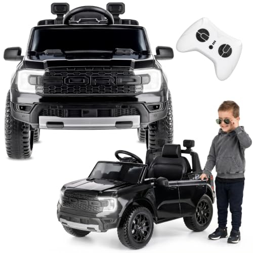 SUN BABY Ford Raptor - Elbil för Barn 3-6 År, Elektrisk Bil 12V 4,5Ah, Fjärrkontroll för Föräldrar, MP3, LED-Ljus, Fjädring - Svart