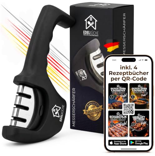 EdelKüche Premium Messerschärfer 3-Stufen | Diamant Messerschleifer, manuell, rutschfester Griff, inkl. 4 digitale Rezeptbücher