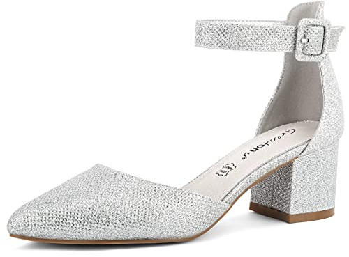 Greatonu Escarpins pour Femme avec Bride de Cheville et Talon Bloc Bout Pointu, Paillettes Argent,EU 37
