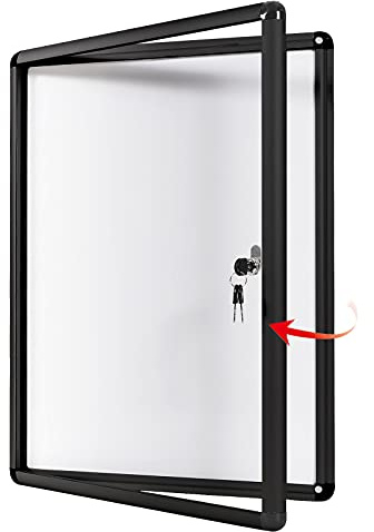 Swansea Tableau d’affichage mural, Vitrine d’affichage intérieur avec serrure à clé, Surface magnétique en verre acrylique, Cadre aluminium noir, 98 x 72 cm (9 x A4)