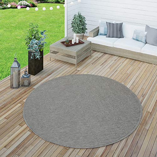 Paco Home In- & Outdoor Teppich wetterfest für Garten, Terrasse & Balkon flachgewebt in Moderner Sisaloptik einfarbig pflegeleicht & UV-beständig Grau, Grösse:Ø 200 cm Rund