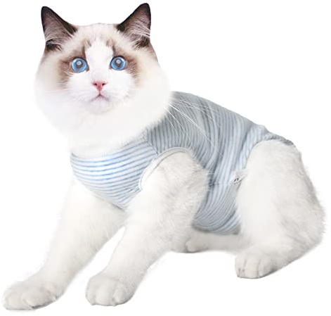 Traje de recuperación Profesional para Gatos, Gata Camiseta de recuperación quirúrgica para heridas Abdominales Vendas Cono Cuello en Forma Alternativo(Azul,s)