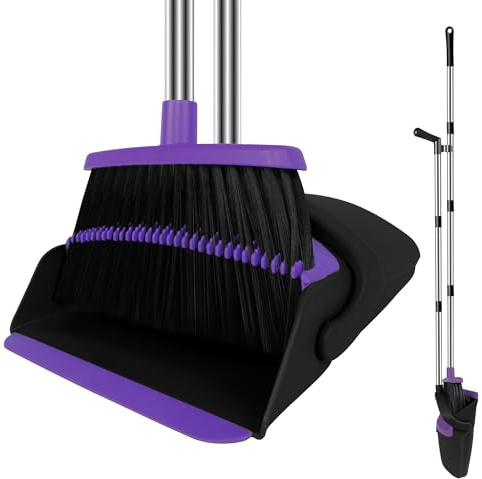 Broom and Dustpan Set, Upright Purple Dustpan Broom, 51 Long Handle Broom and Self Cleaning Dustpan for Home, Kitchen and Office