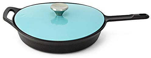 HearthStone Cookware - Sartén Pearl de Hierro Fundido Esmaltado con Tapa, Turquesa, 26 cm. Para Todas las Superficies, incluyendo Inducción y Horno.