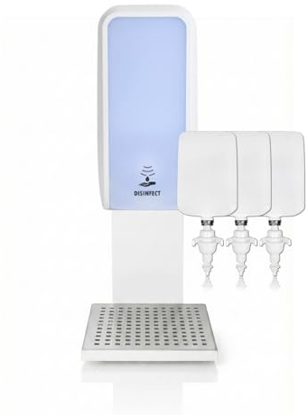 Blanc HYGIENIC Desinfektionsspender Cosmos – Spender mit Sensor, Tischständer und 3 x 1 Liter Desinfektionsmittel, ergiebige Händedesinfektion für ca. 3000 Anwendungen, Weiß