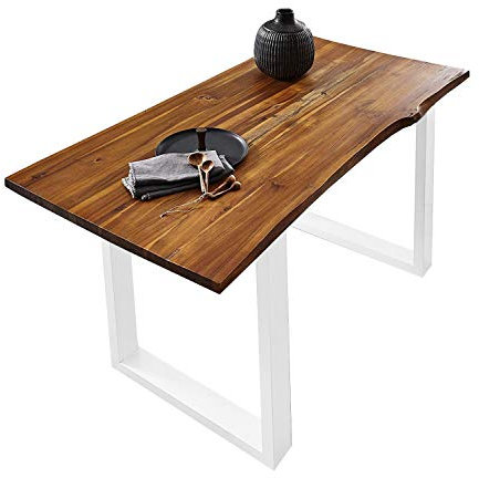 SAM Esszimmertisch 140x80 cm Esra, echte Baumkante, massiver & cognacfarbener Esstisch aus Akazienholz, U-Gestell in Weiß, Baumkantentisch mit 26 mm Platte