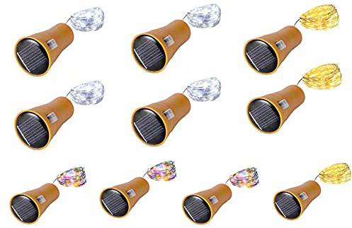 Toifucos Solar Wine Bottle Lights, 10 Pack 20LEDs Copper Cork Shaped Lights Solar Fairy Lights Mini Fairy String Lights for DIY, Party, Wedding, Christmas Decoration (3 Color)