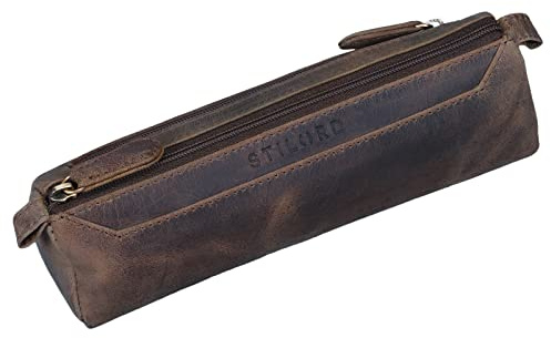 STILORD Jim Federmappe Leder Vintage Stifte Euti 2 Fach rundes Federmäppchen groß Stiftemappe für Damen und Herren Faulenzer aus echtem Leder Farbe:Kara - Cognac