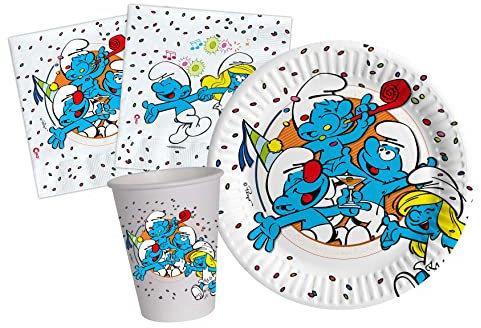 Ciao - Party Tableware Set Smurfs for 8 People (36 pcs: 8 Plates Ø18cm, 8 Cups 200ml, 20 Napkins 33x33cm) in eco-Friendly compostable Paper