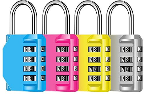 4 Pieces Heavy Duty Weatherproof Combination Locks - 4 Digit Padlocks for Gym, School, Sheds & Fence Gates (Blue, Yellow, Silver, Pink)