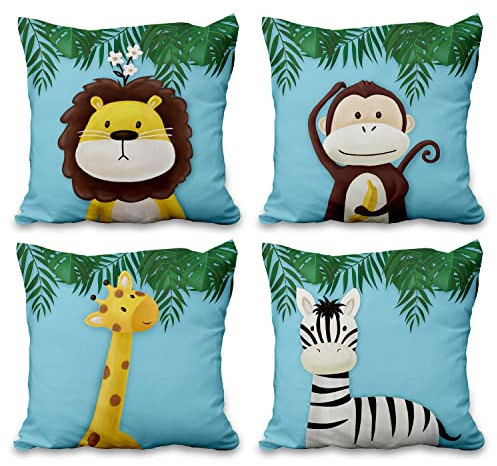 Aoihrraan 41x41cm 4er Set Süß Karikatur Tier Dekorativ Kissenbezug Wald AFFE Giraffe Blumen Pflanze Quadratische Sofakissen Baby Blau Dekokissen Aus Leinen Kinder Party Schlafzimmer Sofa Bett Auto