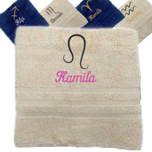 Pet-Jos Handtuch mit Namen und Sternzeichen, Personalisiertes Geschenk, Besticktes Handtuch Geschenkhandtuch 50x100 cm (Beige, Löwe)