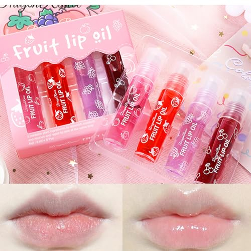 4 Pezzi Roll On Lip Gloss Set, Lucidalabbra Frutta Sapore, Rossetto Liquido Lucido e Idratante per Labbra a Lunga Tenuta, Fruit Lip Oil Set