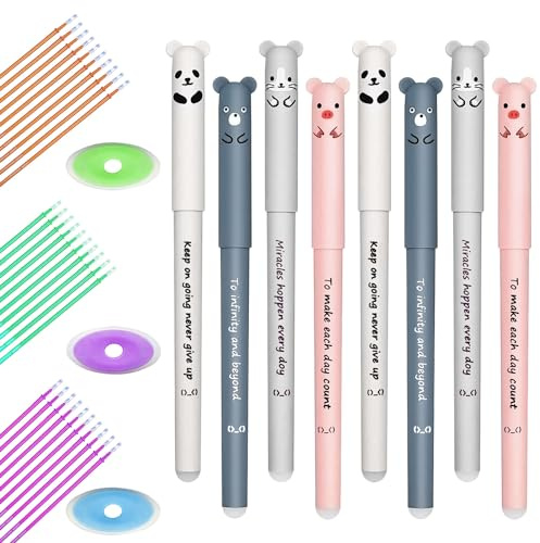 ZIOYA 8 Stück Radierbare Kugelschreiber 0,35mm Kawaii Gel Stift Kugelschreiber Löschbarer Gelstift Niedliche Cartoon Tierstifte mit 24 Minen und 2 Radiergummis