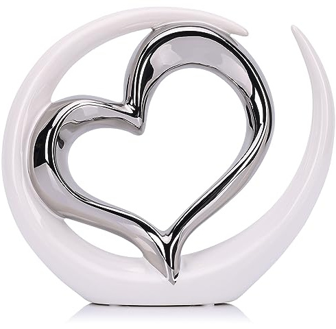 Decorazione per la casa in porcellana bianca e argento a forma di cuore, decorazione per soggiorno, ingresso, caffè, tavolo da pranzo, mensole, matrimonio, San Valentino, per coppie e amanti, scultura