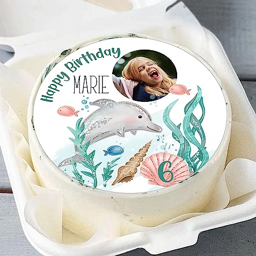 Tortenaufleger Geburtstag Taufe Mädchen Delphin personalisiert mit Foto & Wunschtext (Fondantpapier, Dekorpapier Plus oder Oblate - Geschnitten)