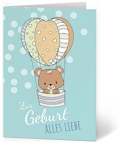 XXL Glückwunschkarte (A4) zur Geburt Junge Baby Bär - hochwertige Klappkarte | Große Karte Grußkarte Glückwunsch mit Umschlag Baby Eltern
