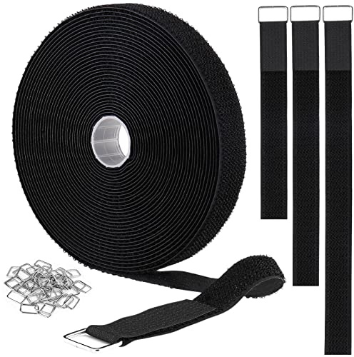 YMCRLUX 1x64ft Hook and Loop Straps with 70 Metal Buckles, Adjustable Fastening Cable Straps, Cut-to-Length Cinch Strap, Reusable Nylon Securing Cord Ties for Organizer or Storage, 1 inch Wide, Black